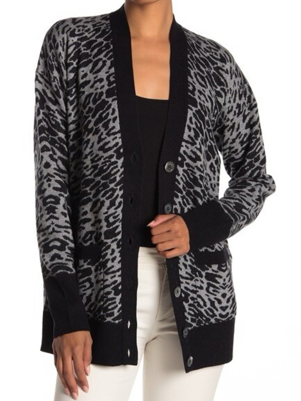 Equipment Cardigan Sweater Womens S/P Gray Cashmere Leopard Button Pockets Knit